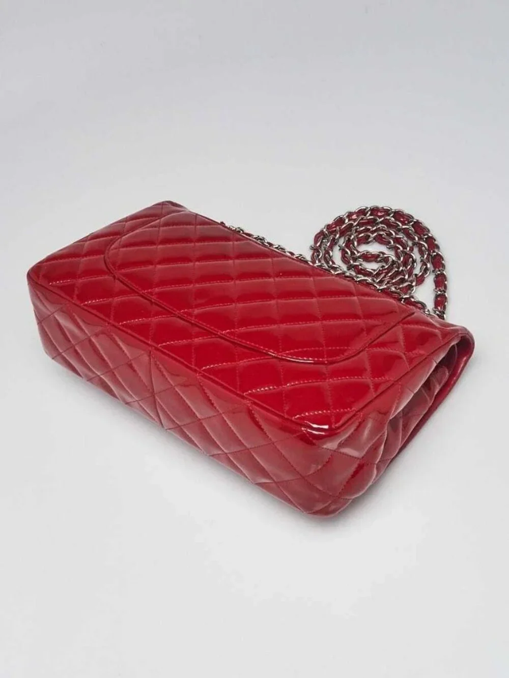 Chanel Red Quilted Patent Leather Classic Jumbo Double Flap Bag